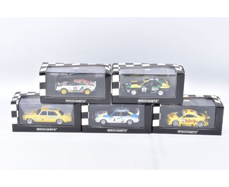 FIVE BOXED MINICHAMPS 1:43 SCALE METAL MODEL VEHICLES, to include an Audi TT-R DTM 2000 Team Abt Ch Abt, item no. 430 001810,