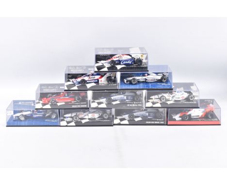 TEN BOXED MINICHAMPS METAL 1:43 SCALE MODEL VEHILCES, to include a McLaren MP4-2 Tag Turbo 1984,   N. Lauda World Champion Ed