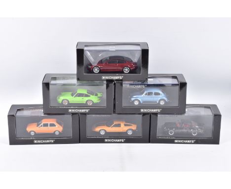 SIX BOXED MINICHAMPS 1:43 SCALE METAL MODEL VEHICLES, to include a Porsche 911 turbo 1977 in black, item no. 430 089008. a Me