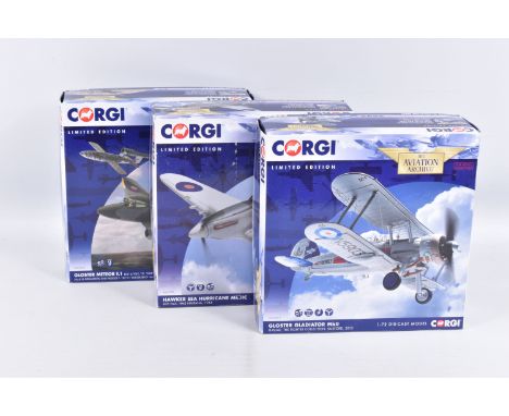 THREE BOXED LIMITED EDITION CORGI AVIATION ARCHIVE 1:72 SCALE MODEL MILITARY AIRCRAFTS, the first a Gloster Meteor F.1, numbe