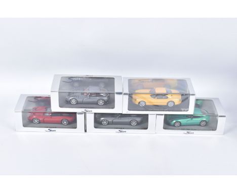 FIVE BOXED SPARK MODEL MINIMAX VEHICLES, the first is a TVR Sagaris 2005, numbered S0218, in Dark Silver with burgundy interi