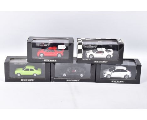 FIVE BOXED MINICHAMPS 1:43 SCALE METAL MODEL VEHICLES , to include a 2009 Ford Focus RS in White, item no. 400 081071 , a  19