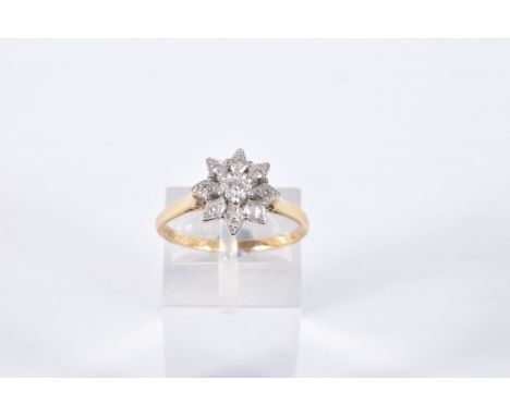 A DIAMOND CLUSTER RING, the central brilliant cut diamond in a star setting within a tiered single cut diamond surround in a 