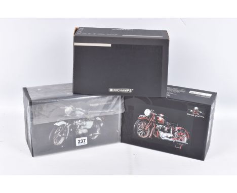 TWO BOXED MINICHAMPS 1:12 SCALE DIE-CAST TRIUMPH CLASSIC BIKE SERIES MODELS, the first a Triumph Speed Twin 1939, numbered 12