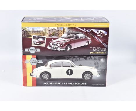 TWO BOXED MODEL ICONS 1:18 SCALE DIECAST VEHICLES, the first is a Jaguar Mark 2 1962 3.8 Bob Jane, numbered 321006, model is 