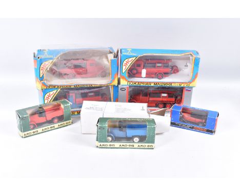 A QUANTITY OF BOXED RUSSIAN DIECAST VEHICLES, four 3HC OMO 1/43 scale Fire Engine models, a similar OMO model in unbuilt kit 