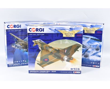 THREE BOXED LIMITED EDITION CORGI AVIATION ARCHIVE 1:72 SCALE DIECAST MODEL AIRCRAFTS, the first is a Lockheed P-38J Lightnin