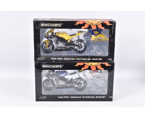 TWO BOXED MINICHAMPS 1:12 SCALE VALENTINO ROSSI COLLECTION MODEL MOTORCYCLES, the first is a Yamaha YZR-M1, Valentino Rossi F