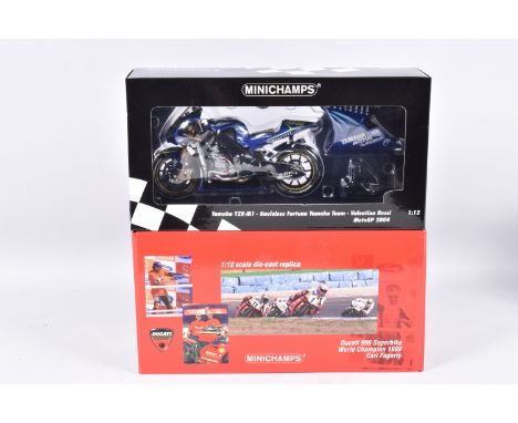 TWO BOXED MINICHAMPS 1:12 SCALE MODEL MOTORCYCLES, the first is a YAMAHA YSR-M1 Gauloises Fortuna Yamaha Team Valentino Rossi