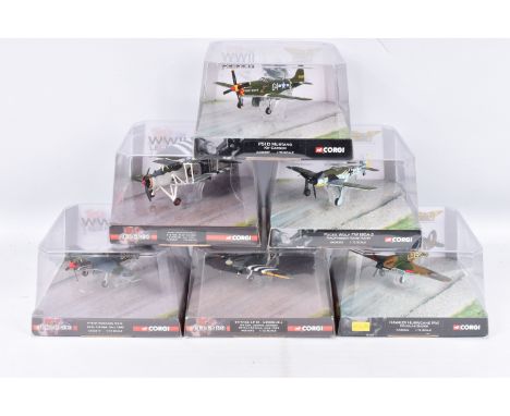 SIX BOXED CORGI WWII LEGENDS 1:72 SCALE DIE-CAST MILITARY AIRCRAFTS, the first a P51D Mustang, numbered AA32207, a Hawker Hur