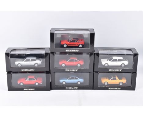 SEVEN BOXED MINICHAMPS 1:43 SCALE METAL MODEL VEHILCES,  to include a  1970 Lancia Fulvia 1600 HF in red, item no. 400 125701