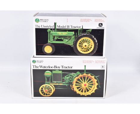 TWO BOXED PRECISION CLASSICS JOHN DEERE 1:16 SCALE DIECAST MODEL TRACTORS, the first is 'The Unstyled Model B Tractor' number