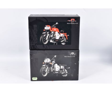 TWO BOXED MINICHAMPS CLASSIC BIKE SERIES 1:12 SCALE DIECAST MODEL MOTORCYCLES, the first is a Munch Mammut 4 TTS, numbered 12