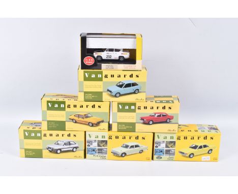 SEVEN BOXED VANGUARDS 1:43 SCALE DIECAST FORD MODEL VEHICLES, the first is a limited edition Allardette Ford Anglia, numbered