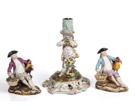 Two Meissen porcelain figures, model 2973 of a boy with a cockerel,10.4cm high, one with eggs and one with flowers, together 