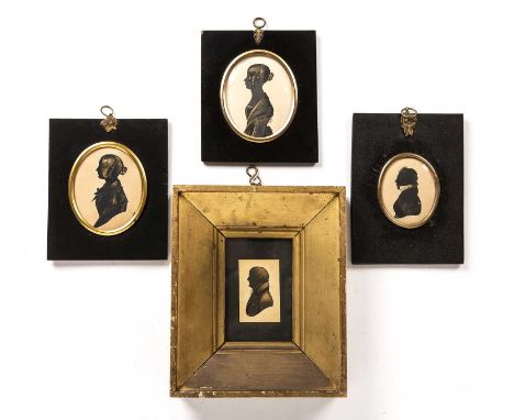 Four 19th century painted portrait silhouettes all mounted in frames the largest 10cm x 8cm. (4)
