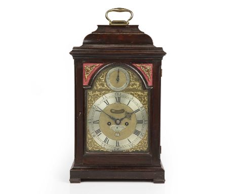 A George III mahogany bracket clock, the break arch brass dial with silvered Roman chapter ring, Arabic five minutes, matted 