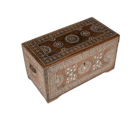 A late 19th century Moorish hardwood trunk with mother of pearl inlaid decoration 67cm wide 34cm deep 36cm high