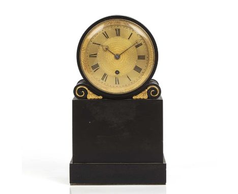A 19th century polished slate drum head mantel timepiece with gilded engine turned Roman dial, single fusee drum movement. Th