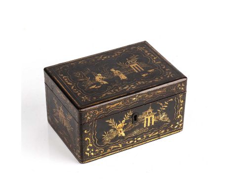 A late 19th century chinoiserie lacquered tea caddy or box with a lead lining 16cm length,11cm depth, 9cm height.Some wear to