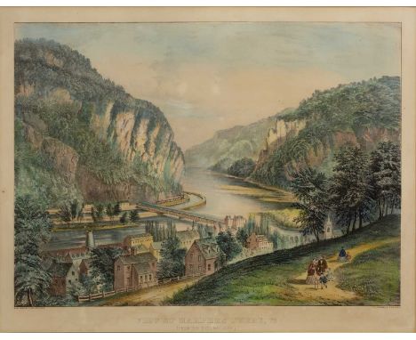 A 19th century American coloured lithograph of Harpers Ferry, Virginia published by Currier and Ives 40cm x 55cm