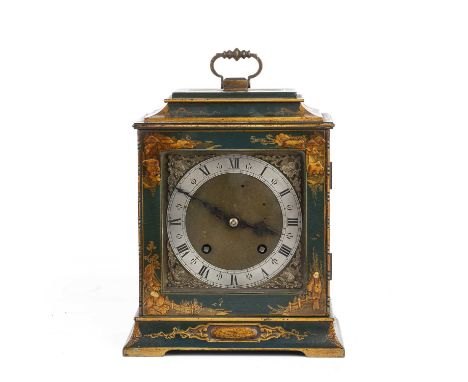 A 20th century English made bracket clock with green chinoiserie gilded decoration 21cm wide 15cm deep 26cm high