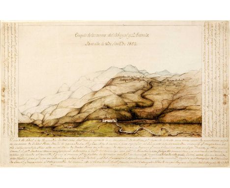 Colombia:- The Battle of Cabuyal 11th April 1862. A watercolour sketch of the hills of Cabuyal and S Antonio with detail of t