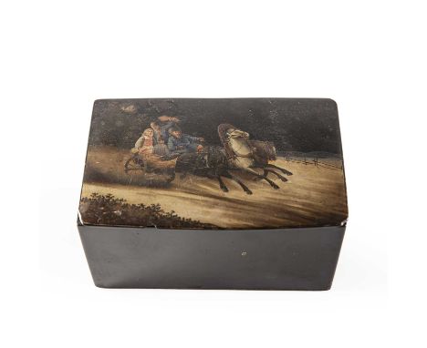 A late 19th century Russian lacquered tea caddy with a painted scene 17.5cm wide 11cm deep 9.5cm high.