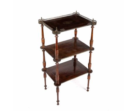 An early 20th century French rosewood etagere with brass line inlaid decoration and turned supports.Some of the top brass cor