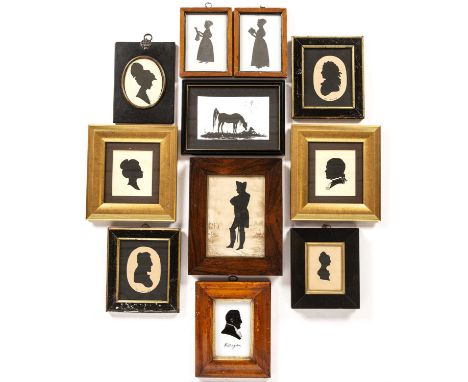 A group of eleven antique and later portrait silhouettes, all framed.