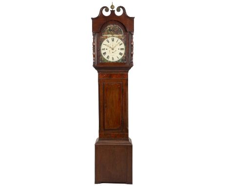 A 19th century mahogany Scottish eight day musical longcase clock, the 14" break arch painted Roman dial with Arabic five min