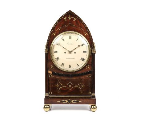A Regency mahogany and brass inlaid table or bracket clock, the painted convex Roman dial signed Gudgeon, Bury St, Edmunds wi