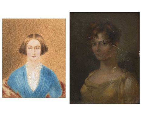 An early 19th century portrait of a young lady, oil on board 11cm x 15cm mounted in a gesso frame together with a later water