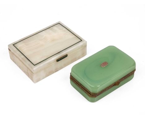 An English Art Deco onyx box with green stone inlay 15cm wide 11cm deep 4.5cm high together with a green glass box 13cm wide.