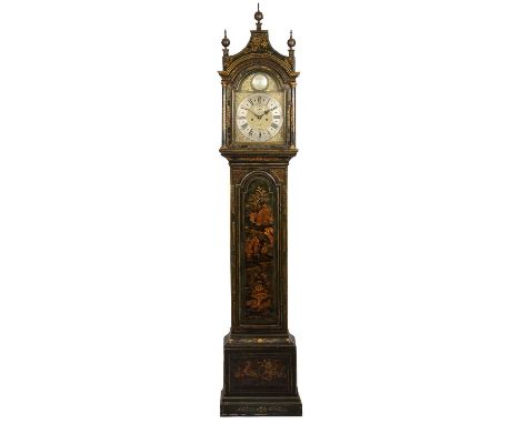 A George III green japanned eight day longcase clock, the 12" brass break arch Roman dial with Arabic five minutes, matted ce