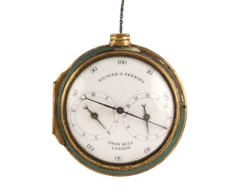 A George III pedometer by Spencer and Perkins of London, in shagreen covered brass pocket watch style case, the enamel dial w