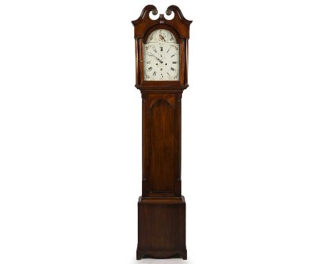 A 19th century mahogany longcase clock, the 12" painted break arch Roman dial with Arabic five minutes signed R Burfield, Aru