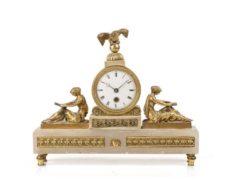 A 19th century library mantle timepiece with white enamel Roman dial, moon hands and single fusee drum movement. The gilt met