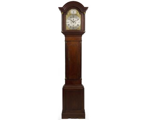 A George III and later mahogany eight day longcase clock, the 12" break arch brass dial with silvered Roman chapter ring, Ara