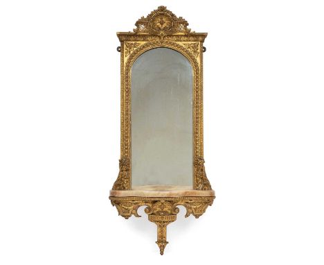 A 19th century gilded gesso wall mirror with an alabaster shelf. 45cm wide 100cm highsome losses and minor marks