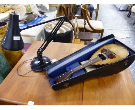 A VINTAGE NEOPOLITIAN BOWL BACK MANDOLIN, TOGETHER WITH AN ANGLE POISE TYPE LAMP. 