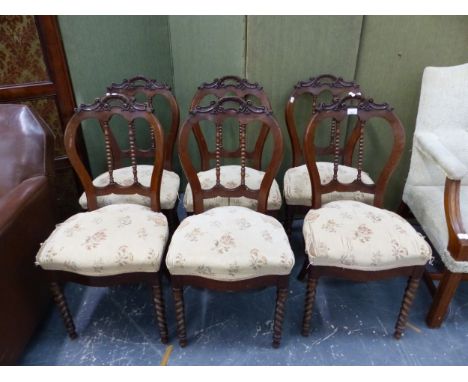 A SET OF SIX 19TH C DINING CHAIRS WITH BOBBIN SPINDLE BACKS AND LEGS. 