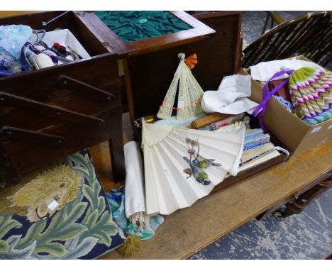 A SEWING BOX, VARIOUS VINTAGE FANS, A CUSHION, LINENS, ETC.