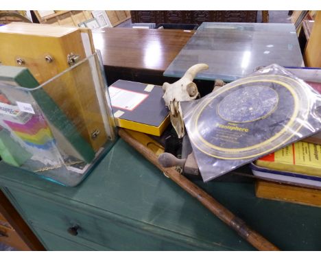 A NORTON &amp; GREGORY 1915 SIGHTING MAP RULE, A VINTAGE CONDUCTORS BADGE, A SMALL DRESSING CASE, A SWORDSTICK, A BOW SAW, AN