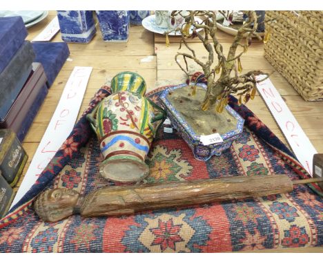 AN ORIENTAL ENAMEL BOWL WITH GLASS HUNG TREE, A SMALL EASTERN RUG, AN INDONESIAN FIGURE AND A VASE.