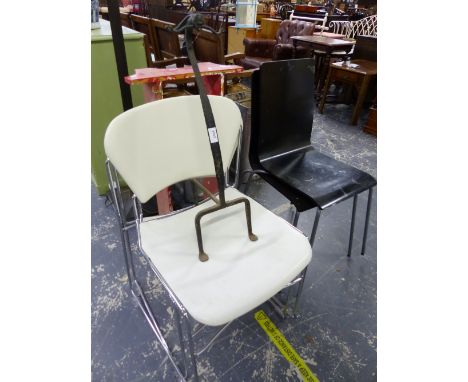 TWO PAIRS OF RETRO SIDE CHAIRS, A PAINTED SHELF, AND A WROUGHT IRON FIRE DOG. 