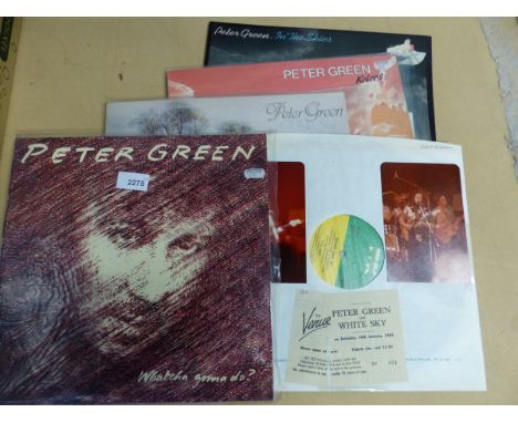 FOUR PETER GREEN VINYL LPs WITH TICKET STUB AND PHOTOS, 'WATCHA GONNA DO?', 'WHITE SKY', 'KOLORS' AND 'IN THE SKIES'.