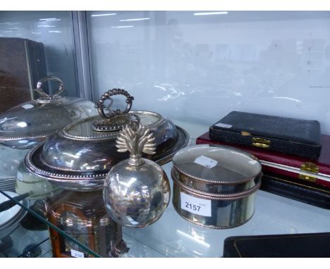 TWO SILVER PLATED VEGETABLE TUREENS, A PLATED TABLE LIGHTER, SILVER TEA SPOONS, ETC.