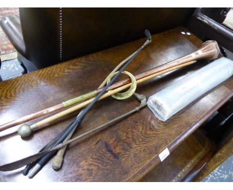 A COACHING HORN, SWAGGER STICK, RIDING CROPS, ETC.