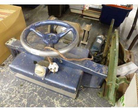 AN ELECTRIC HEATED VENEER PRESS, BENCH GRINDER AND A MITRE GUILLOTINE.